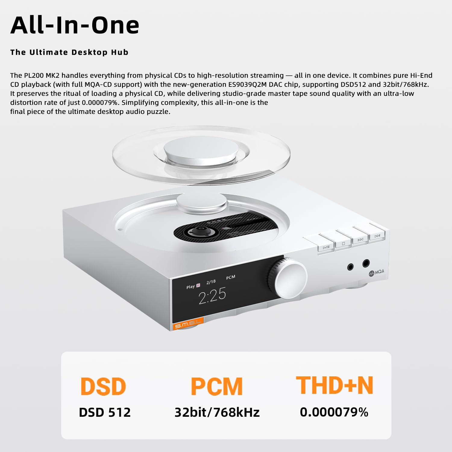 SMSL PL200 MK2 MQA-CD Player, reproductor de CD todo en uno, DAC y HP AMP, chip DAC de alta gama ES9039Q2M, transmisor Bluetooth, reproducción perfecta, 32 bits/768 kHz DSD512, entrada USB/BT/CD