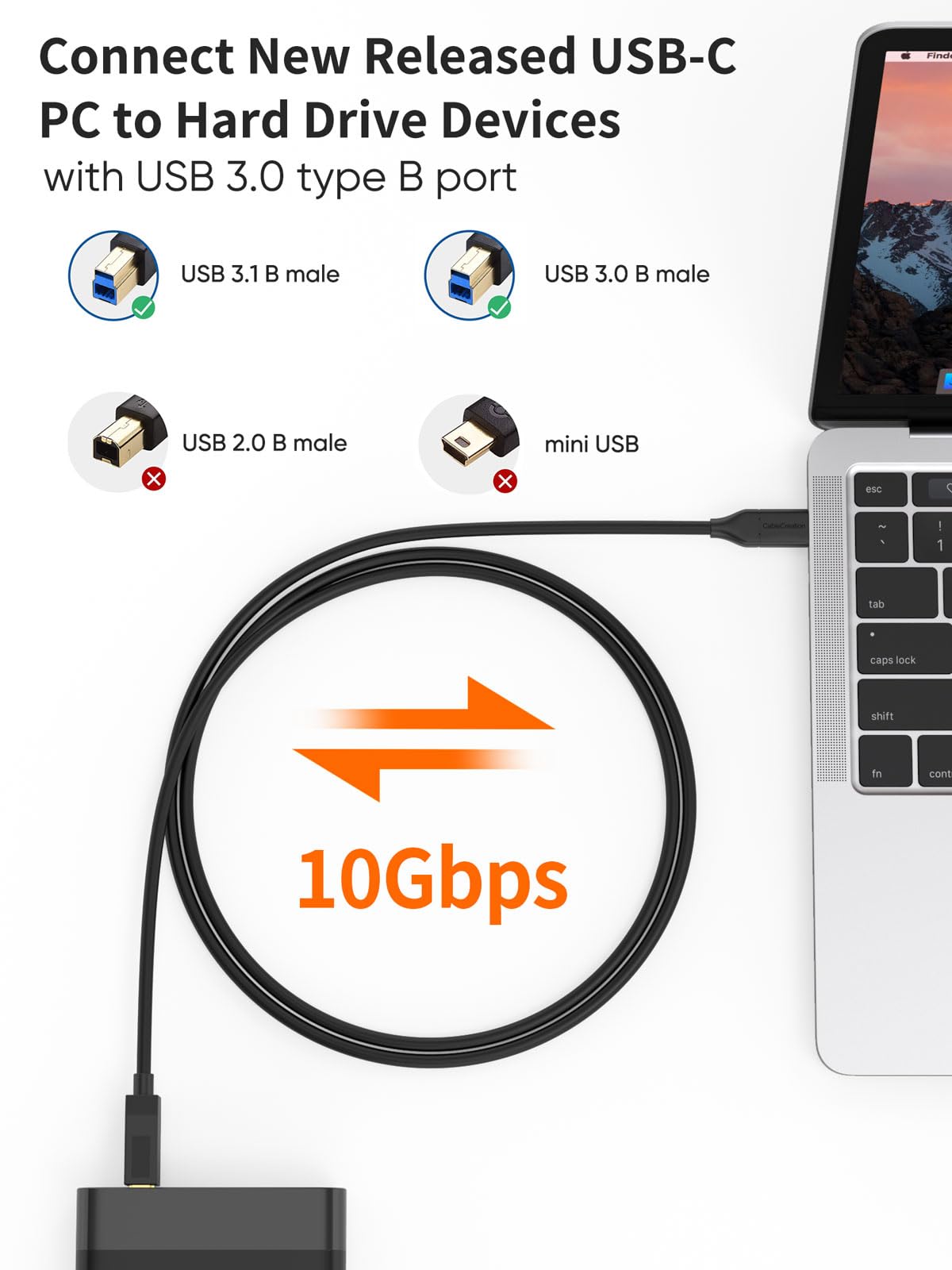 CableCreation Cable USB 3.1 c a USB b 1.2m, Cable USB B a impresora USB C 10 gbps, adecuado para Thunderbolt 3 MacBook pro air, disco duro externo, base de expansión, escáner, negro