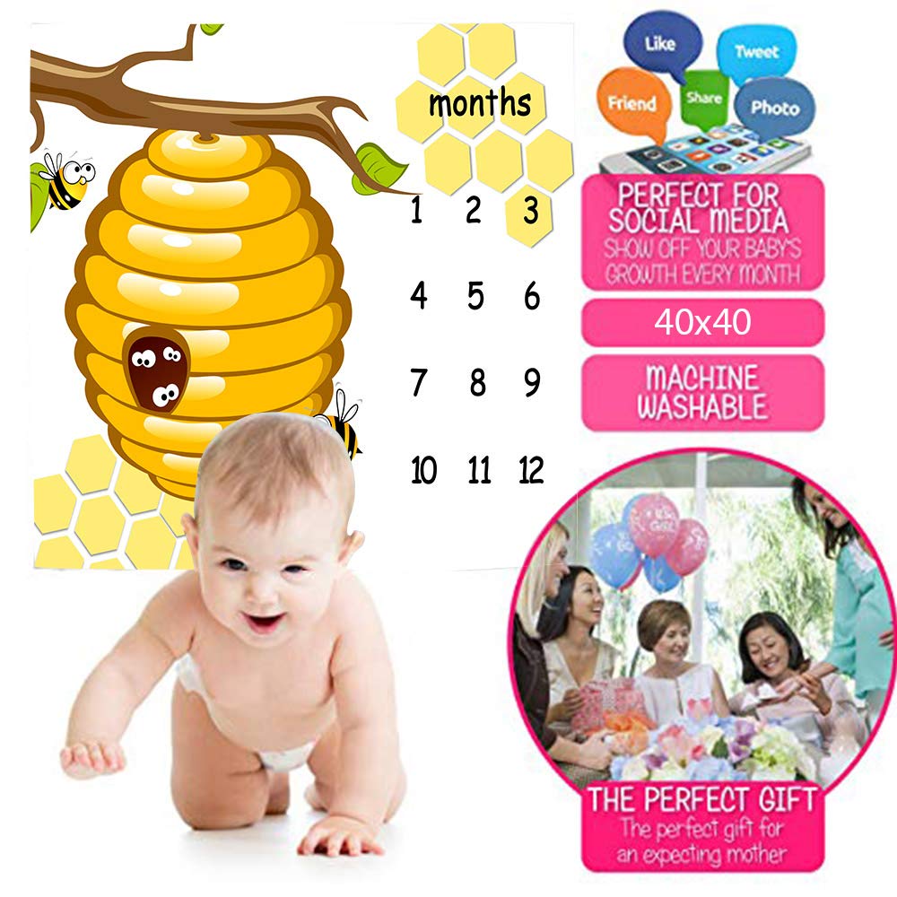 F-FUN SOUL - Manta de hito mensual de 48 x 40 pulgadas, mantas de panal para bebé, lindas mantas para guardería, regalos para recién nacidos, rastreador de crecimiento de edad con marcador adicional
