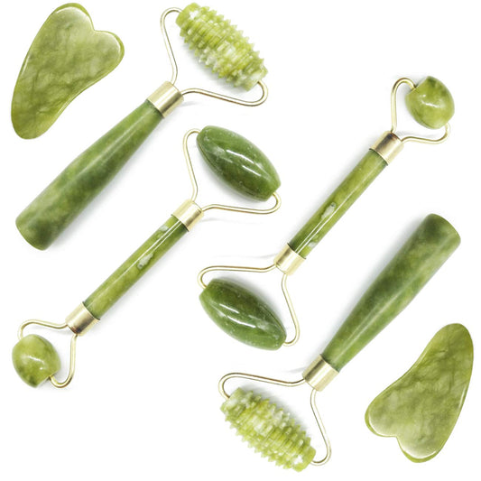 TIHOOD Gua Sha Sets de 6 unidades, paquete de 4 rodillos de jade faciales estriados de rodillo de piel con 2 piezas Gua Sha Raspando Herramientas de Masaje Anti Envejecimiento y arrugas para cara, ojo, cuello, cuerpo para masaje linfático