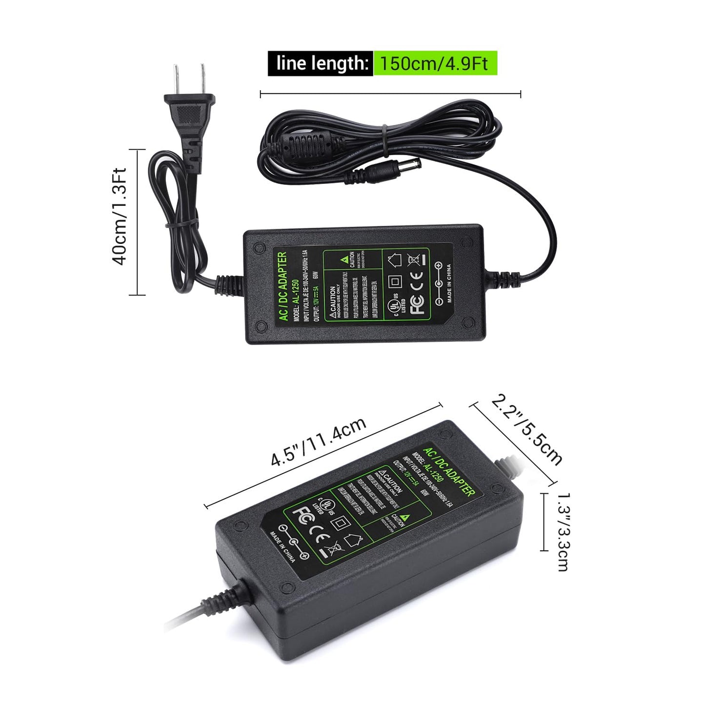 DC 12V 5A Power Supply Adapter, US Plug, 4.6FT Power Code, AC 100-240V to DC 12V 5A Switching Transformer Jack 5.5mm x 2.5mm for LED Strip, Light, Cameras CCTV