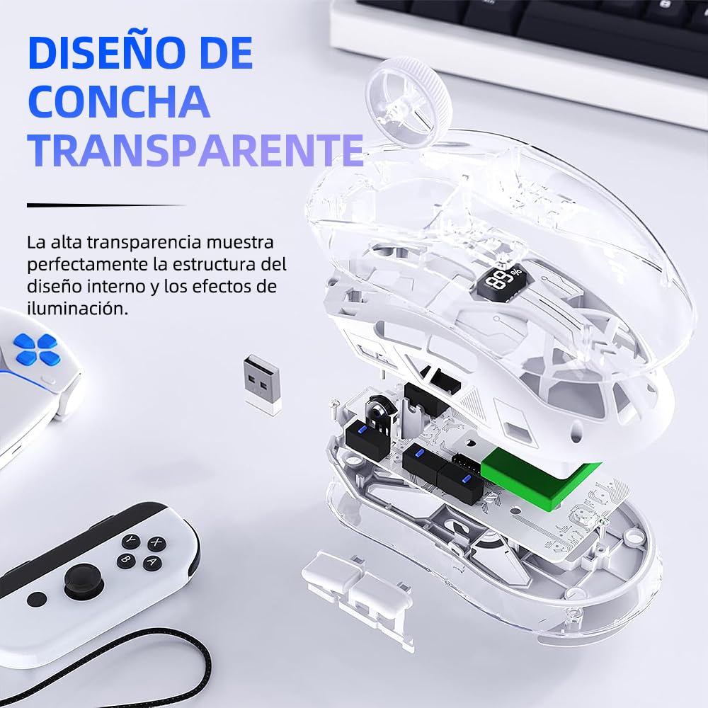 Free Wolf Mouse Inalámbrico A2, Bluetooth y 2.4GHZ Dual Modos, Ratón Recargable con Pantalla de Batería, 4000DPI Ajustable Transparente RGB Mouse Gamer