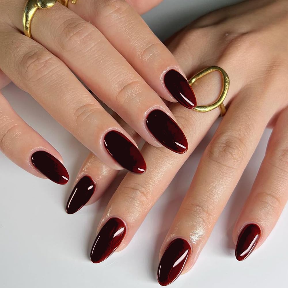 GLAMERMAID Halloween Red Press On Uñas Medium Almendra, Gótico Hecho A Mano Borgoña Gelatina Gel Pegamento En Uñas, Brillante Corto Stiletto Uñas Falsas Reutilizables Uñas Postizas Acrílico Kits de Ma