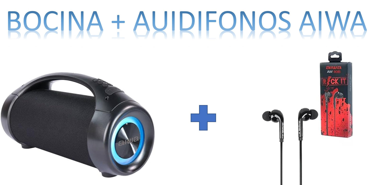 Aiwa Bocina Inalámbrica True Wireless con Bluetooth Mod. AWS600BT Incluye Audífonos Inteligentes de Alto Rendimiento Mod. AW60