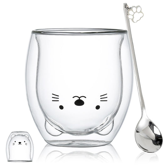 Binoster Taza Linda Taza de café Taza de té Vasos Vasos con Aislamiento de Doble Pared Taza de café Taza de Leche, Oficina y cumpleaños Personal (Gato)