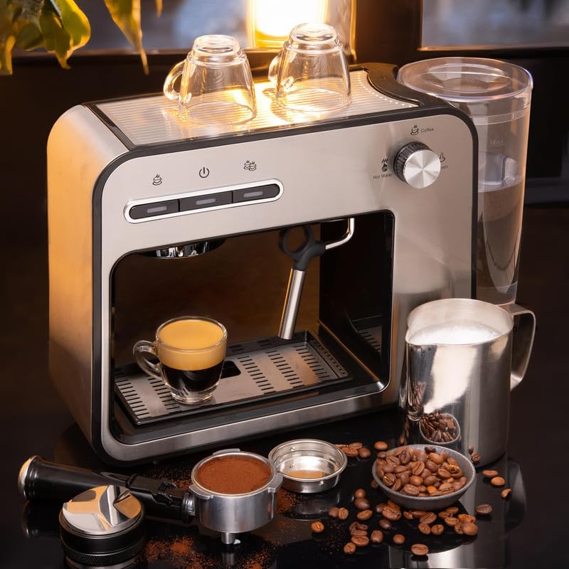 Máquina de Café Espresso Mixpresso Plata con Espumador de Leche para el Hogar