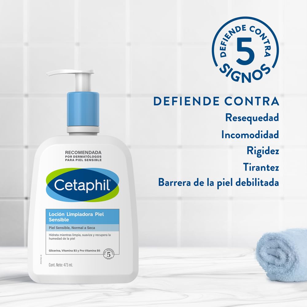 CETAPHIL Loción Limpiadora Piel Sensible 1 pz 473 ml Hidrata Mientras Limpia y Suaviza Recomendada por Dermatólogos para Piel Sensible