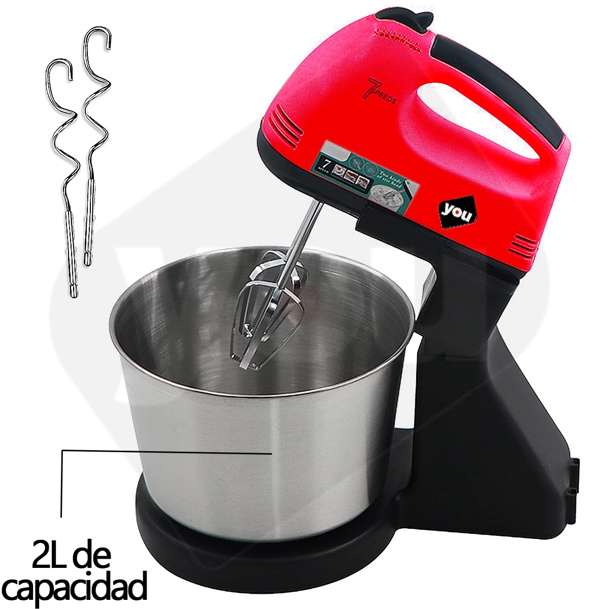 Batidora De Mano con Pedestal de 7 Velocidades Capacidad 2L Con Accesorios para Mezclar 250w