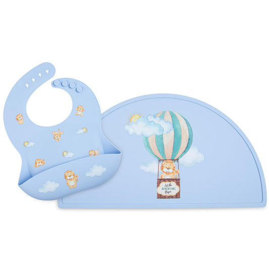 Babero y Tapete de Silicona Mamabears Azul Polvo Leones para Bebé Sin BPA Impermeable Ajustable