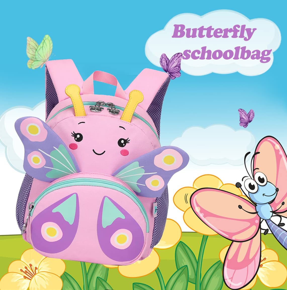 CAMTOP - Mochila para niños pequeños con dibujos animados en 3D, para niñas, niños, viajes, guardería, rosado (Butterfly-pink), 1-4 años, Moderno