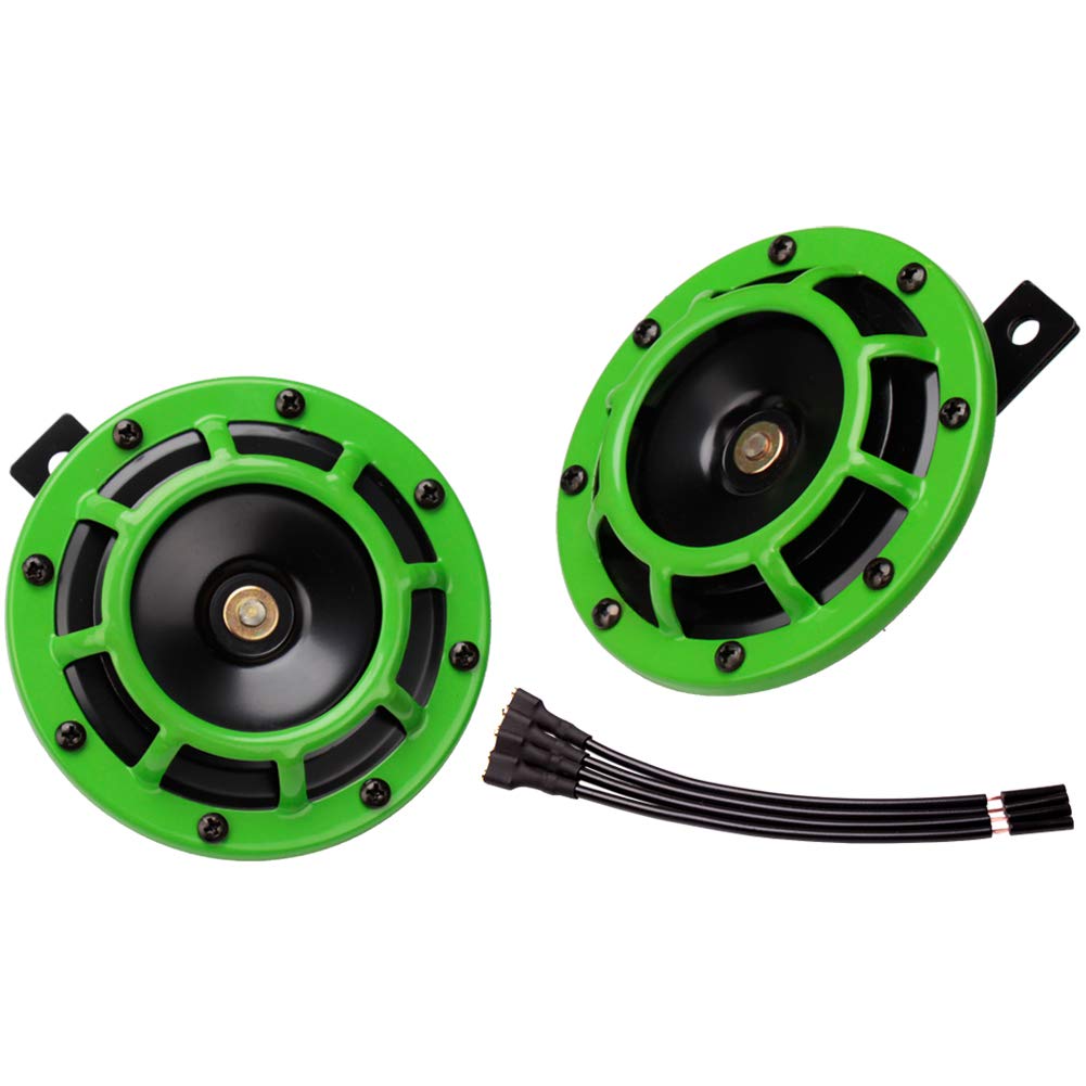 FARBIN - Bocina de coche de 12 V, bocina de tren eléctrico de tono alto, tono bajo, bocina de coche con parrilla protectora (verde)