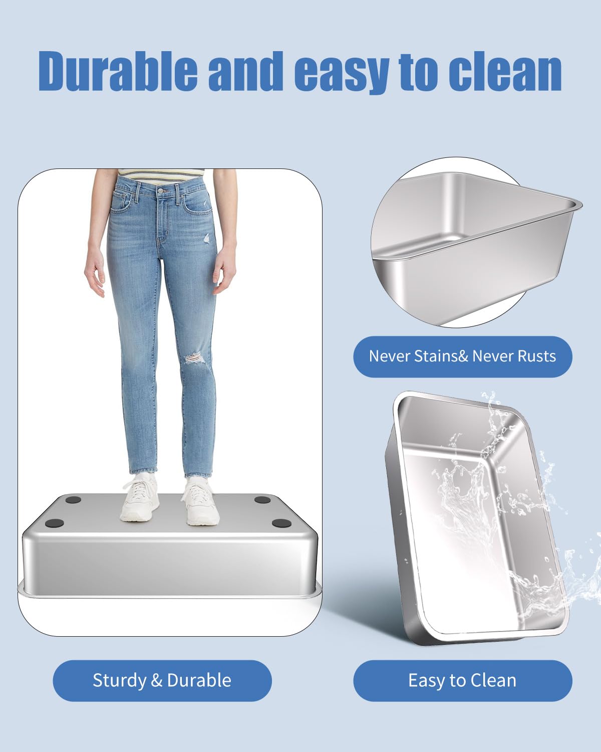 Caja de Arena de Acero Inoxidable XL de Lados Altos a Prueba de Fugas para Gatos Grandes