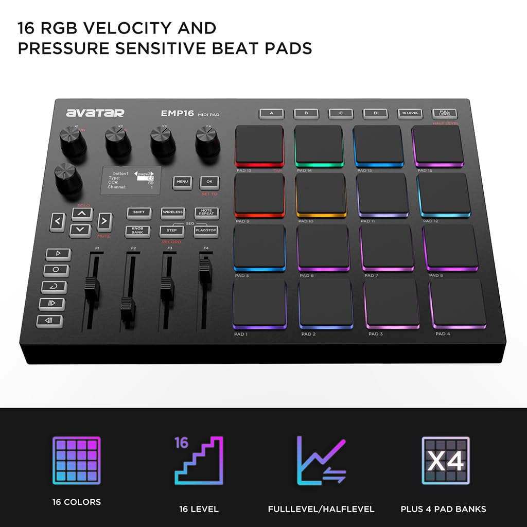 HXW EMP16 MIDI Pad Controller Beat Maker Machine con Bluetooth, 16 almohadillas para orejas de ritmo sensibles a la velocidad RGB, 16 niveles, completo/medio nivel, visualización OLED, entrada y