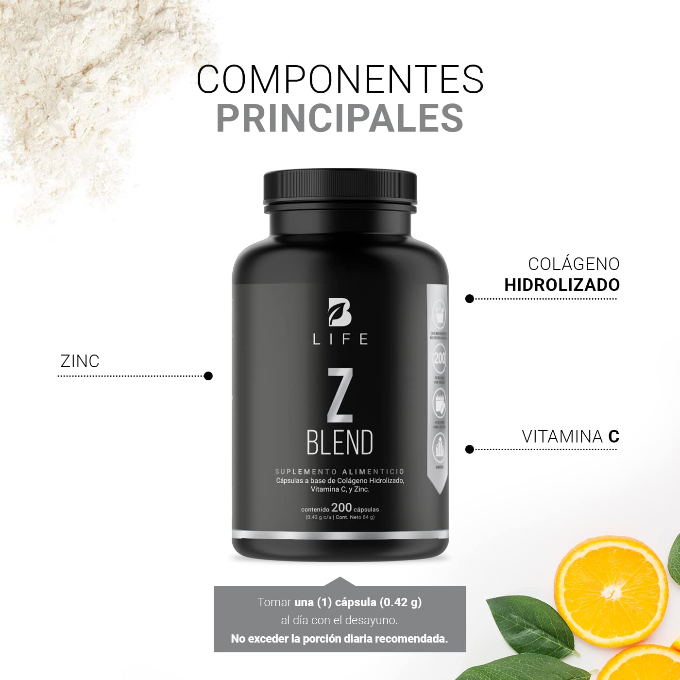 B Life Company Zinc de 200 Cápsulas. Ingredientes naturales: Zinc, Colágeno y Vitamina C. Z Blend
