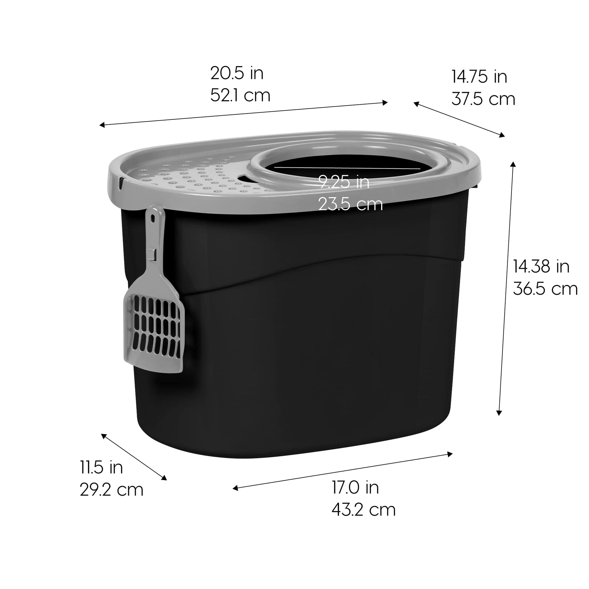 IRIS USA Arenero ovalado para gatos con entrada superior y pala, arenero para gatitos, caja de arena para gatos, grande, Negro/Gris