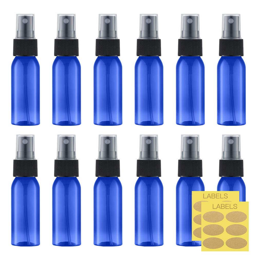 Paquete de 12 botellas de spray de plástico, 30 ml, pulverizadores vacíos y finos, atomizador de perfume de viaje para soluciones de limpieza (botellas de espray, negro + transparente), azul+transpa