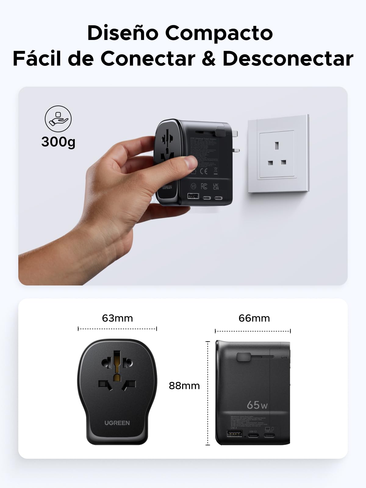 Adaptador Universal de Viaje UGREEN Blanco 65W con 3 Puertos USB y Enchufes Intercambiables