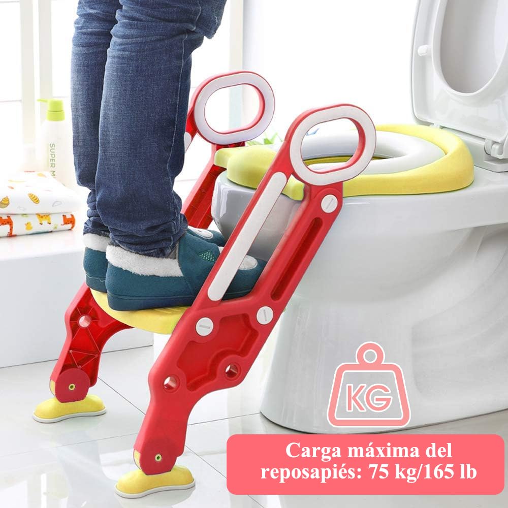 Baño Entrenador Niño, Asiento Entrenador para Baño con Tapizado y Escalera Antideslizante, Plegable Escalera para Baño Niños, Fácil de Guardar, Asiento Ergonómico, Edad de 3 a 10 Años, Rojo Amarillo