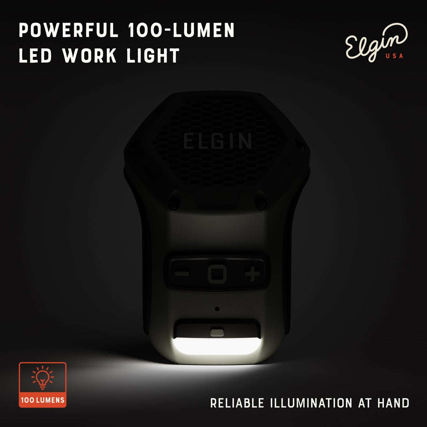 Elgin Thumper Mini Altavoz Bluetooth Portátil, 35 Horas de Duración de Batería, Alcance Inalámbrico de 15 m, Resistente al Agua, Montura Magnética y Diseño de Clip con Luz de Trabajo LED para Sitio de
