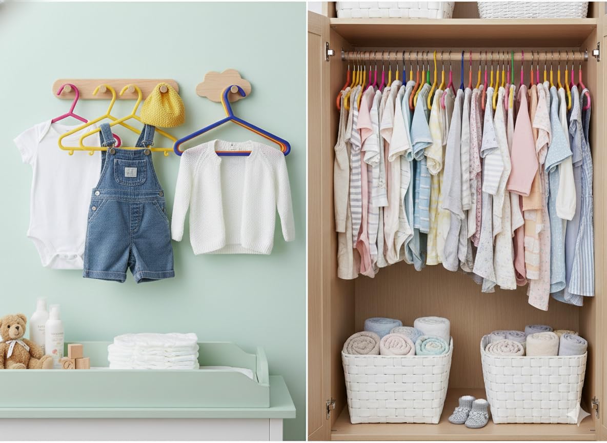Paquete de 10 perchas de plástico duraderas sin BPA para ropa de bebés y niños pequeños, diseño delgado que ahorra espacio, multicolor (rosa fuerte, verde, azul, naranja, amarillo)