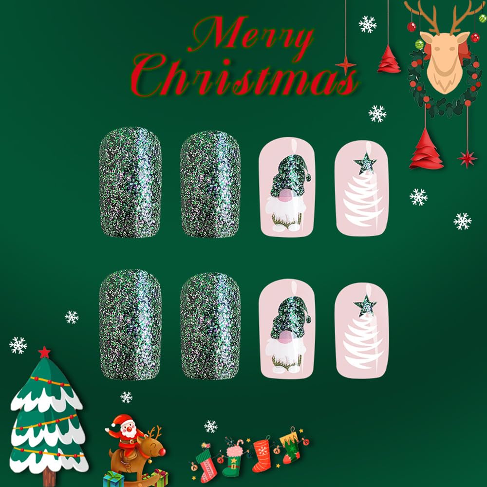 Uñas postizas navideñas de tamaño mediano, cuadradas, con purpurina verde, diseño de ataúd, con diseños de enanos de Papá Noel, cobertura total, uñas acrílicas postizas brillantes para mujeres y
