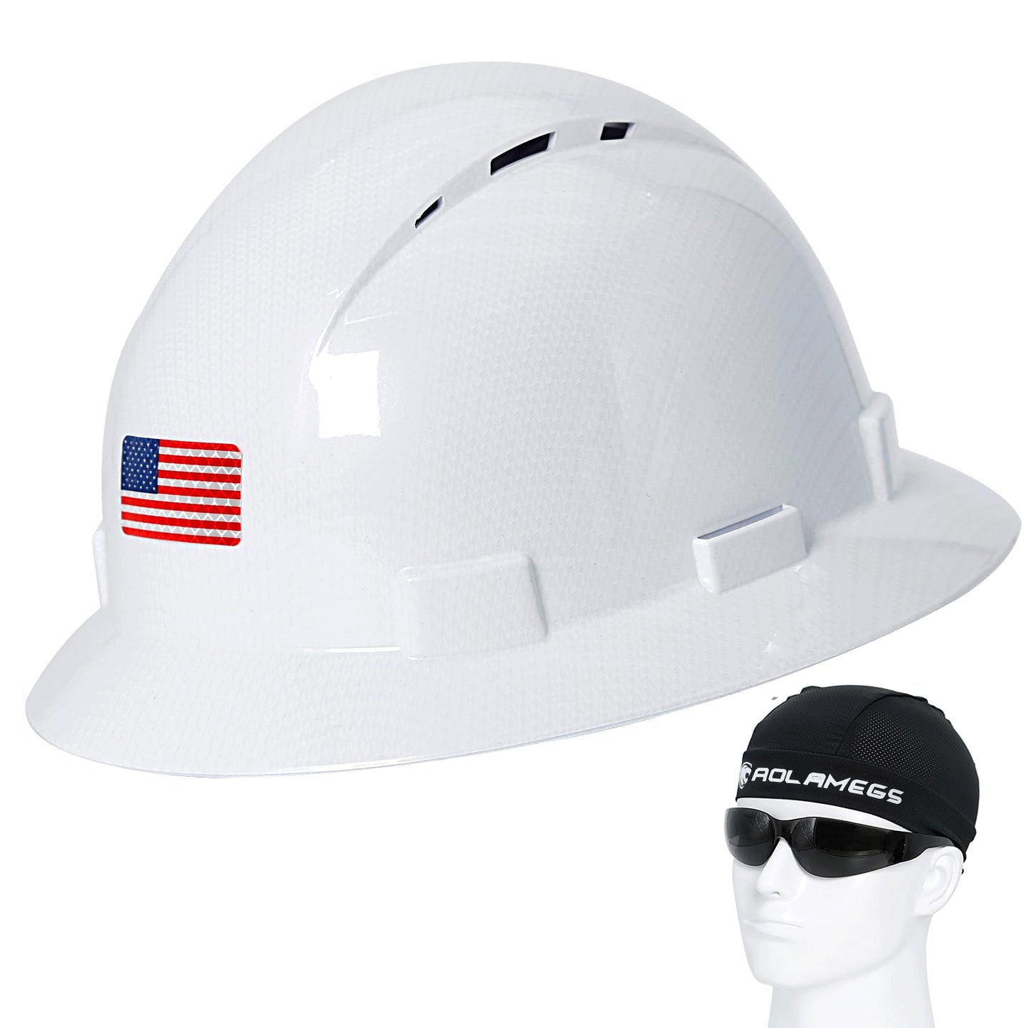 Casco de ala completa de fibra de carbono blanco brillante con gafas de seguridad y forro para hombres y mujeres, OSHA construcción, casco de seguridad con correa de barbilla y visera solar