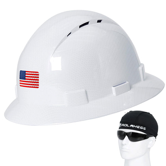 Casco de ala completa de fibra de carbono blanco brillante con gafas de seguridad y forro para hombres y mujeres, OSHA construcción, casco de seguridad con correa de barbilla y visera solar