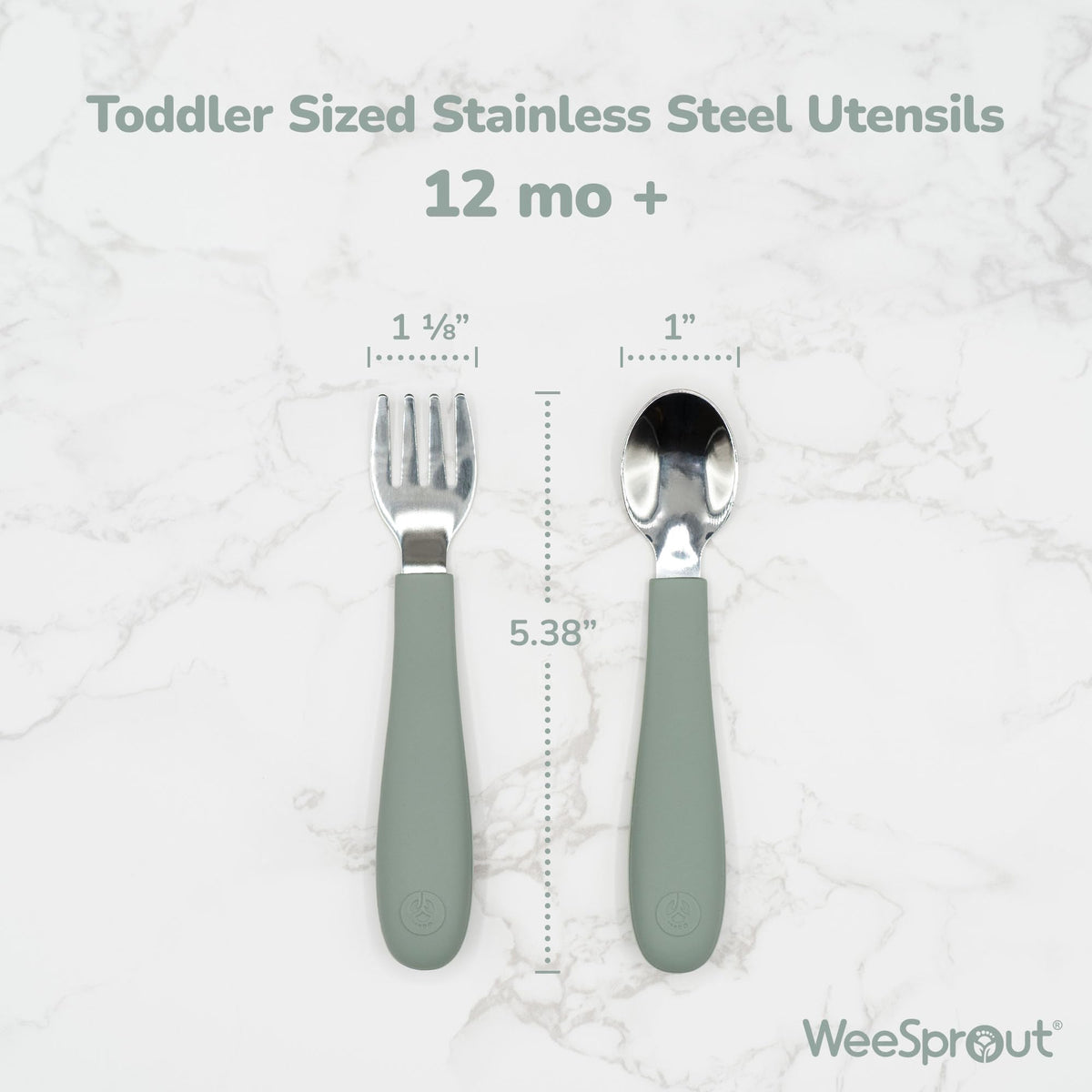 WeeSprout - Utensilios para niños pequeños, 3 tenedores y 3 cucharas, acero inoxidable 18/8 y silicona de grado alimenticio, asas gruesas de fácil agarre, longitud perfecta para nuevos