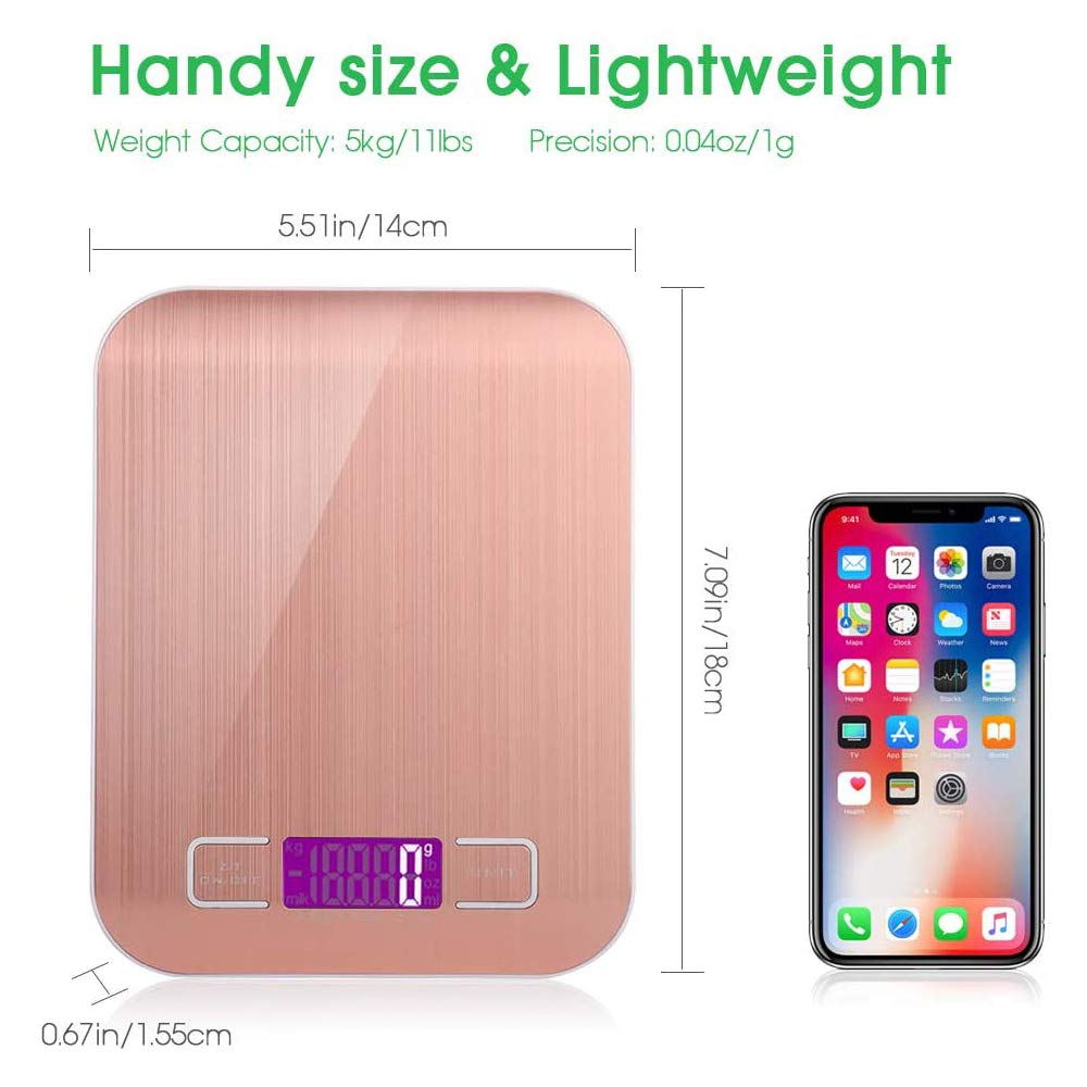 Báscula de Cocina con Carga USB Recargables 5kg / 11 lbs Peso Cocina Digital Balanza Alimentos de Acero inoxidable con Pantalla LCD Función de Tara (rosa)