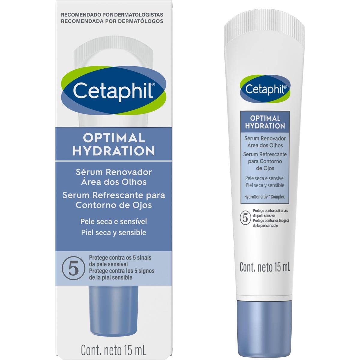 Cetaphil Optimal Hydration Serum Contorno de Ojos, Su Ácido Hialurónico Reduce la Apariencia de Ojeras Recomendada por Dermatólogos para Piel Sensible - 1 pieza de 15 ml, Blanco