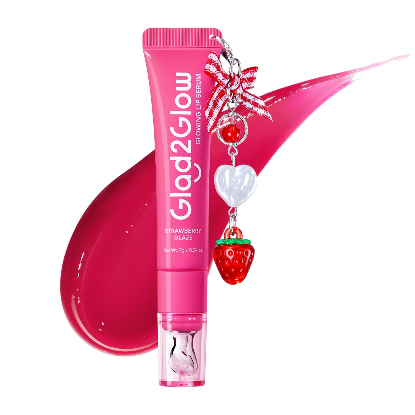 Glad2Glow sérum labial 3 en 1 con efecto iluminador, bálsamo labial con color con VC-IP y Vitamin E, brillo ligero no pegajoso con charm a juego (01 Strawberry Pink)