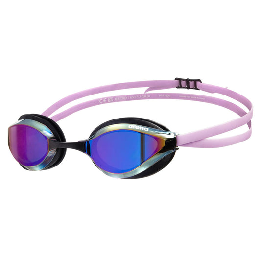 ARENA - anteojos de natación unisex para adultos, para hombres y mujeres, lentes de espejo antivaho, máxima comodidad, doble correa, violeta/negro/violeta