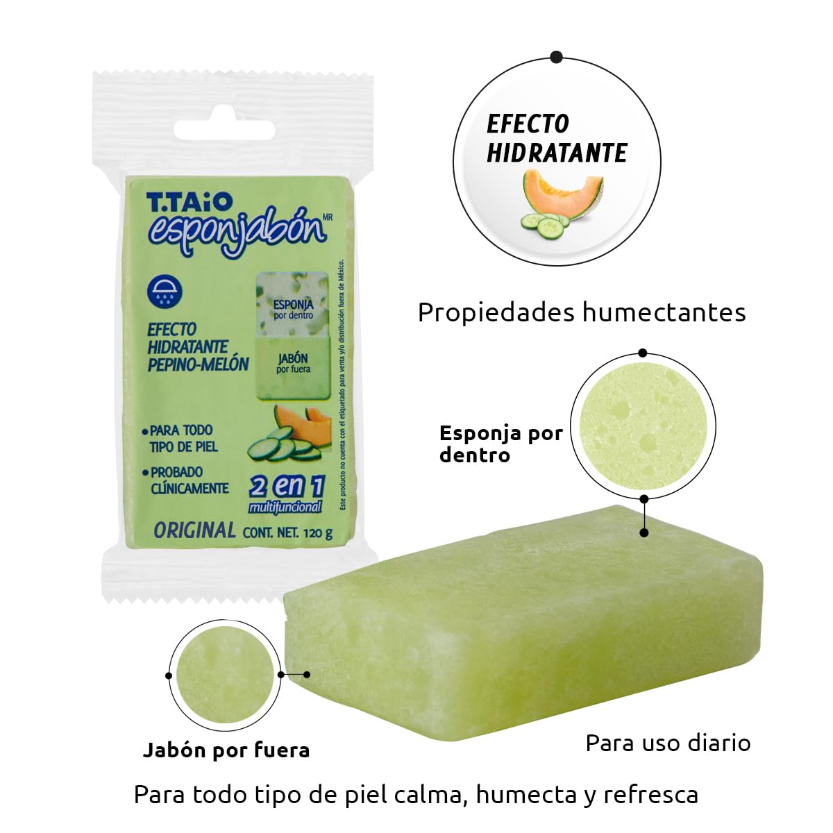 Jabón Corporal con Esponja Integrada 2 en 1, Exfoliación Suave, Aroma Pepino–Melón, Pack 10 Piezas, ESPONJABON T.TAIO