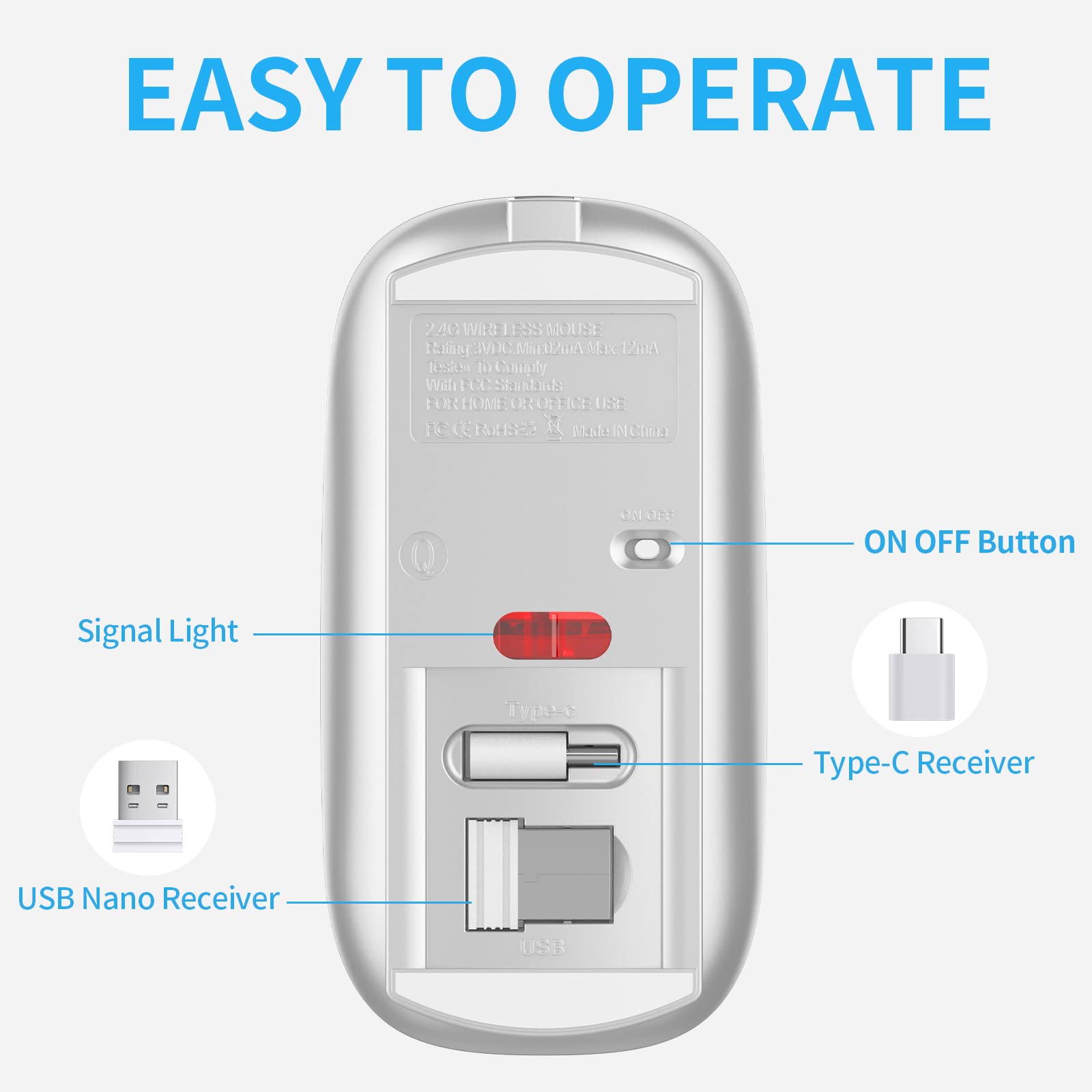 Leolee Mouse Inalámbrico, Ratón Inalámbrico Recargable, Mouse Wireless con 2.4G, óptico Silencioso Click, Receptor USB y Tipo-c Adaptador 3 Ajustable dpi para Computadora, Portátil, PC, Mac (Gris)