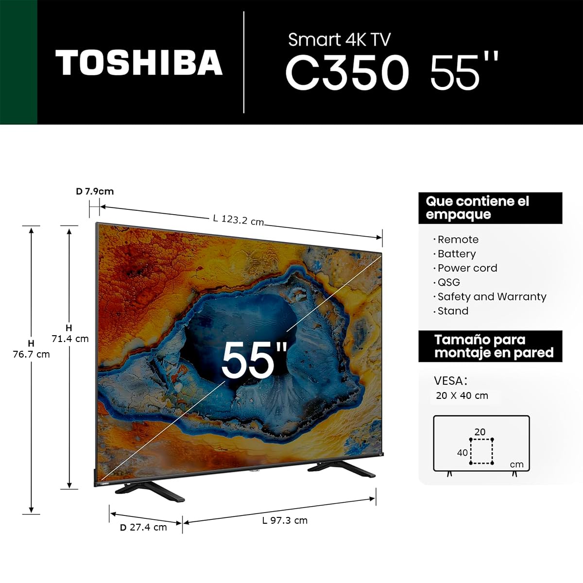 Toshiba Pantalla de 55" 55C350NM 4K Ultra HD Smart LED Fire TV | REGZA Engine ZR | Dolby Vision Atoms | Game Mode | AI Super 4K Upscaling