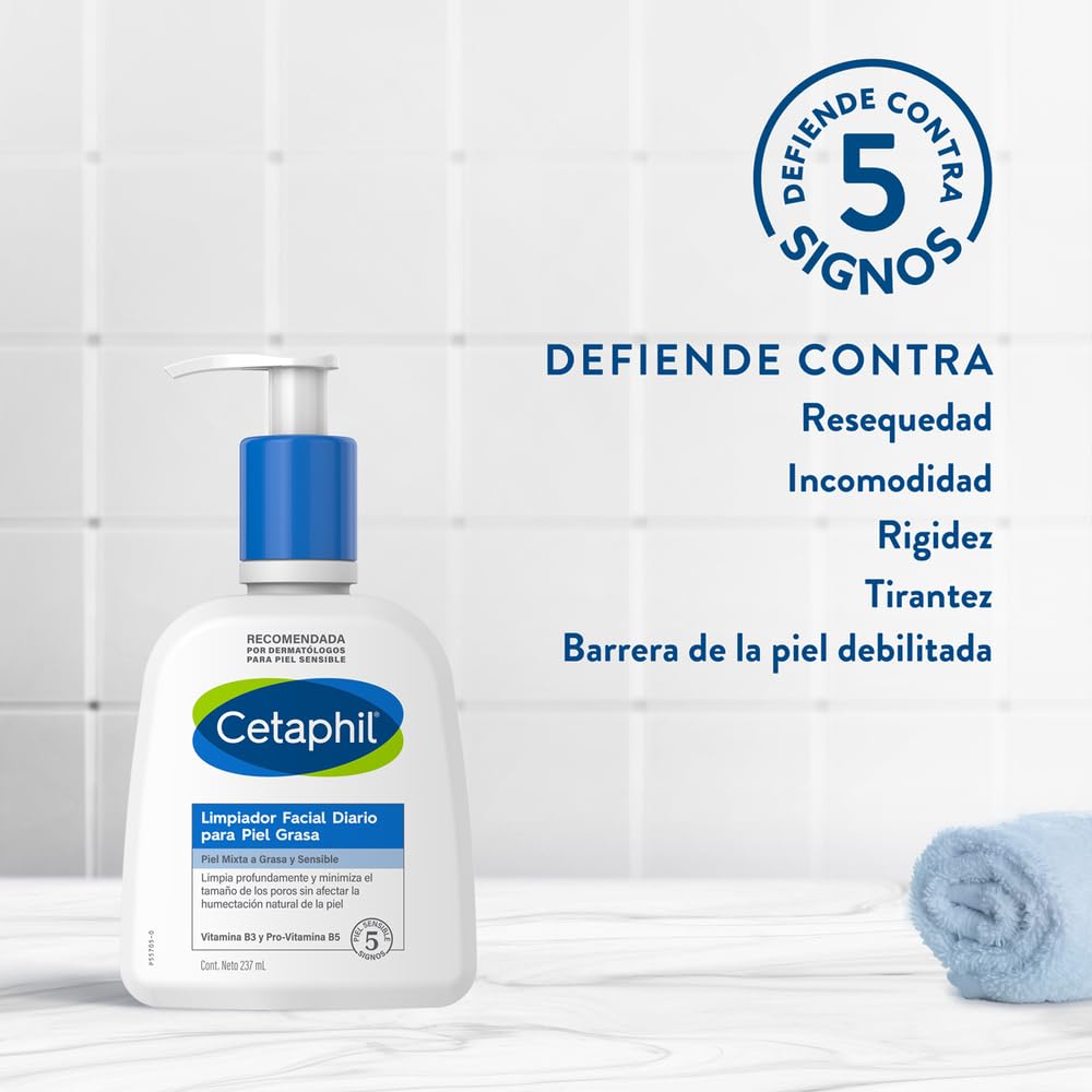 CETAPHIL Limpiador Facial Diario Para Piel Grasa 1 pz 237 ml Limpia Profundamente Recomendada por Dermatólogos para Piel Sensible