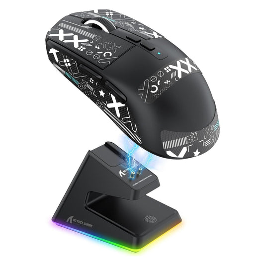 ATTACK SHARK X6 Mouse Gamer inalámbrico Liviano con Base de Carga RGB,Solo 49g,26K dpi,Sensor PixArt PAW3395, conexión 2.4G/Cable USB-C/BT,hasta 200 Horas de batería,Interruptor HUANO-Negro Pegatinas