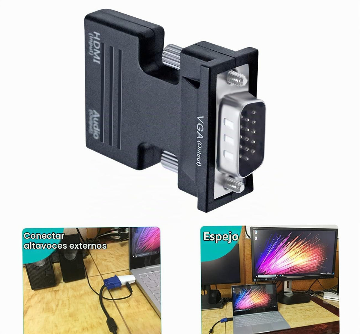 Adaptador HDMI a VGA DTECH Negro con Puerto de Audio para Monitor de Computadora, Proyector de PC, Video 1080P