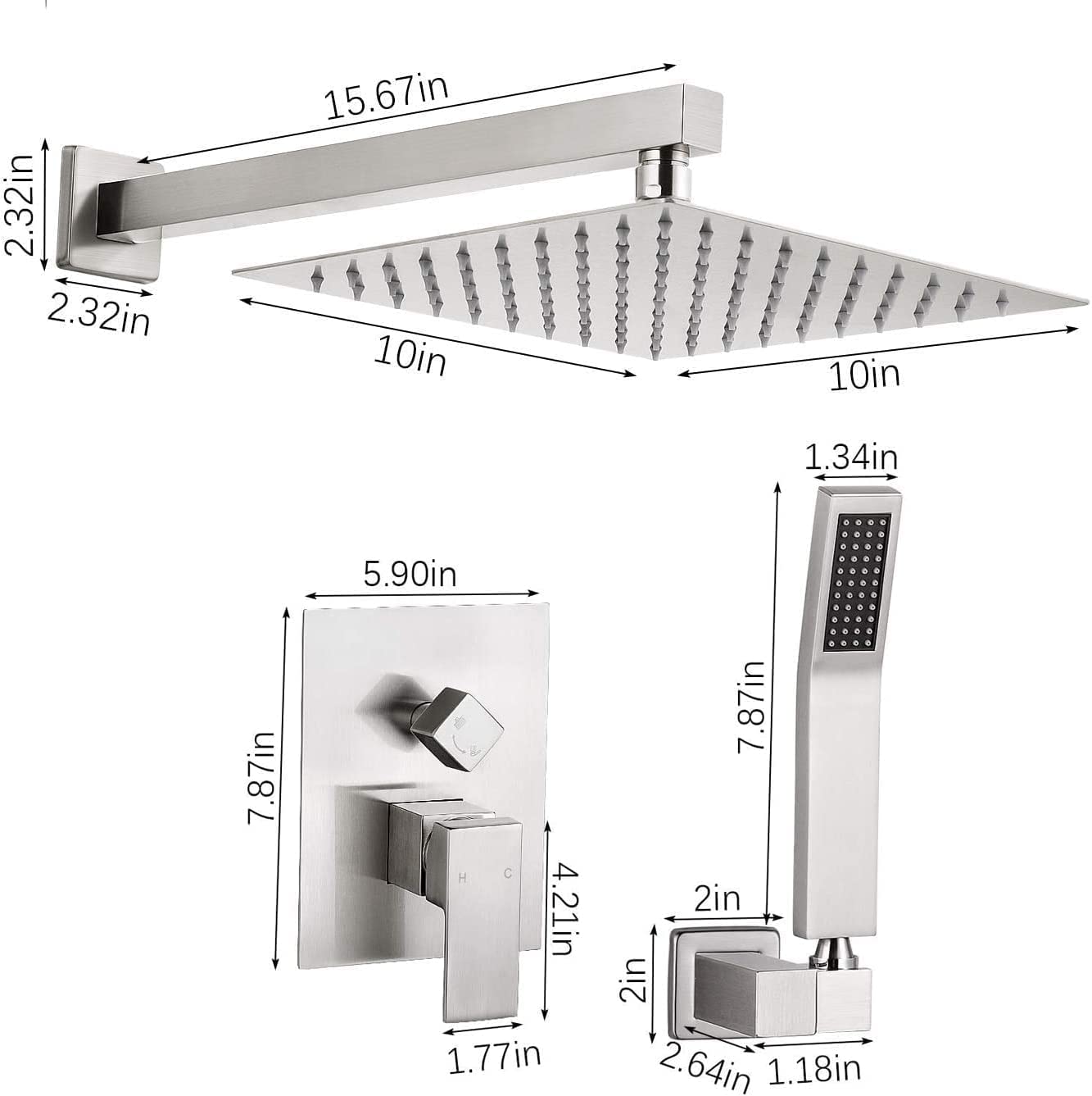 Grifos Ducha Empotrados Set- UCMDA Sistema de Ducha Mezclador, Conjunto de Ducha, Cabeza de Ducha Cuadrada de 10 Pulgadas y Rociador Ducha Mano Incluida Válvula Empotrada Kit (Nickel Cepillado)