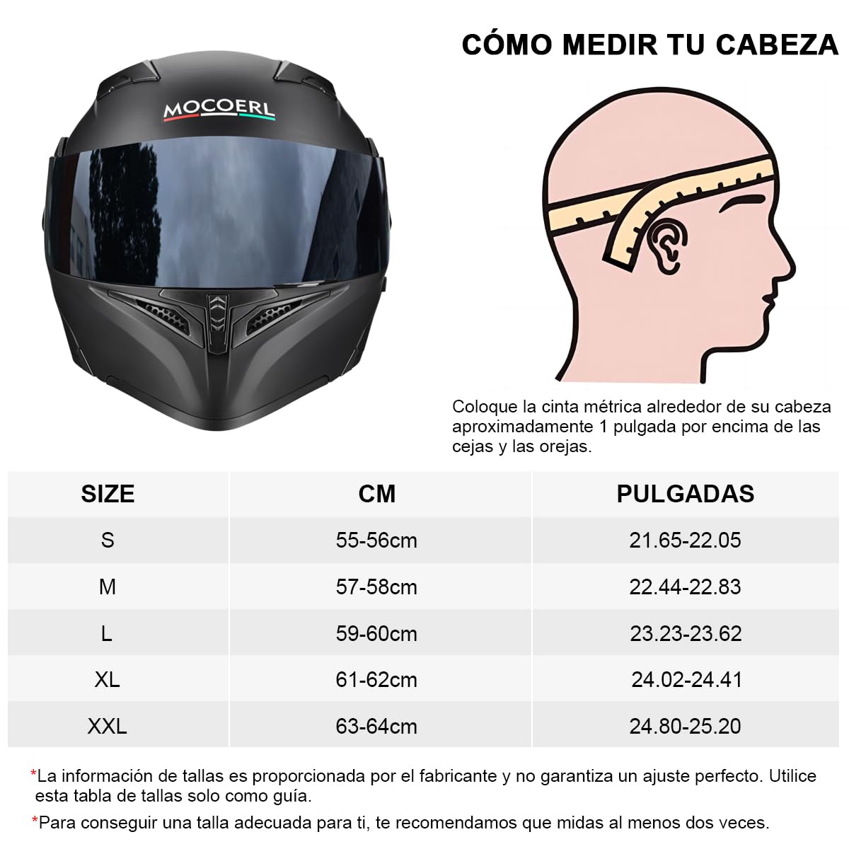 MOCOERL Casco Modular, Casco Integral Abatible para Motocicleta, Cascos para con Doble Visera, Luz Led, Aprobado por Dot para Hombres 169 (XL)