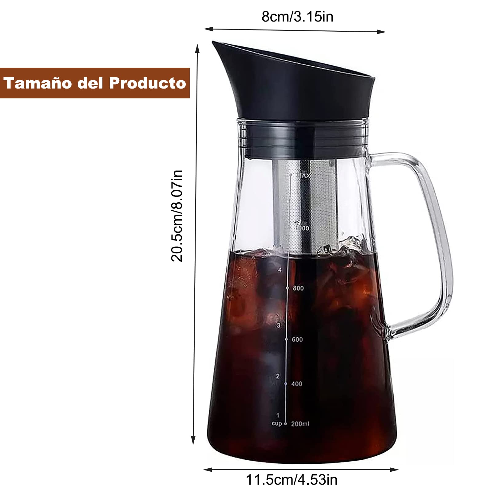 Cafetera Cold Brew Vidrio, Cafe Frio Maquina, 1.2 L/40 oz Jarra de Vidrio con Filtro de Acero Inoxidable Extraíble, Sin BPA, Jarra de Café Duradera con Tapa Hermética para Café Helad y Té Frío