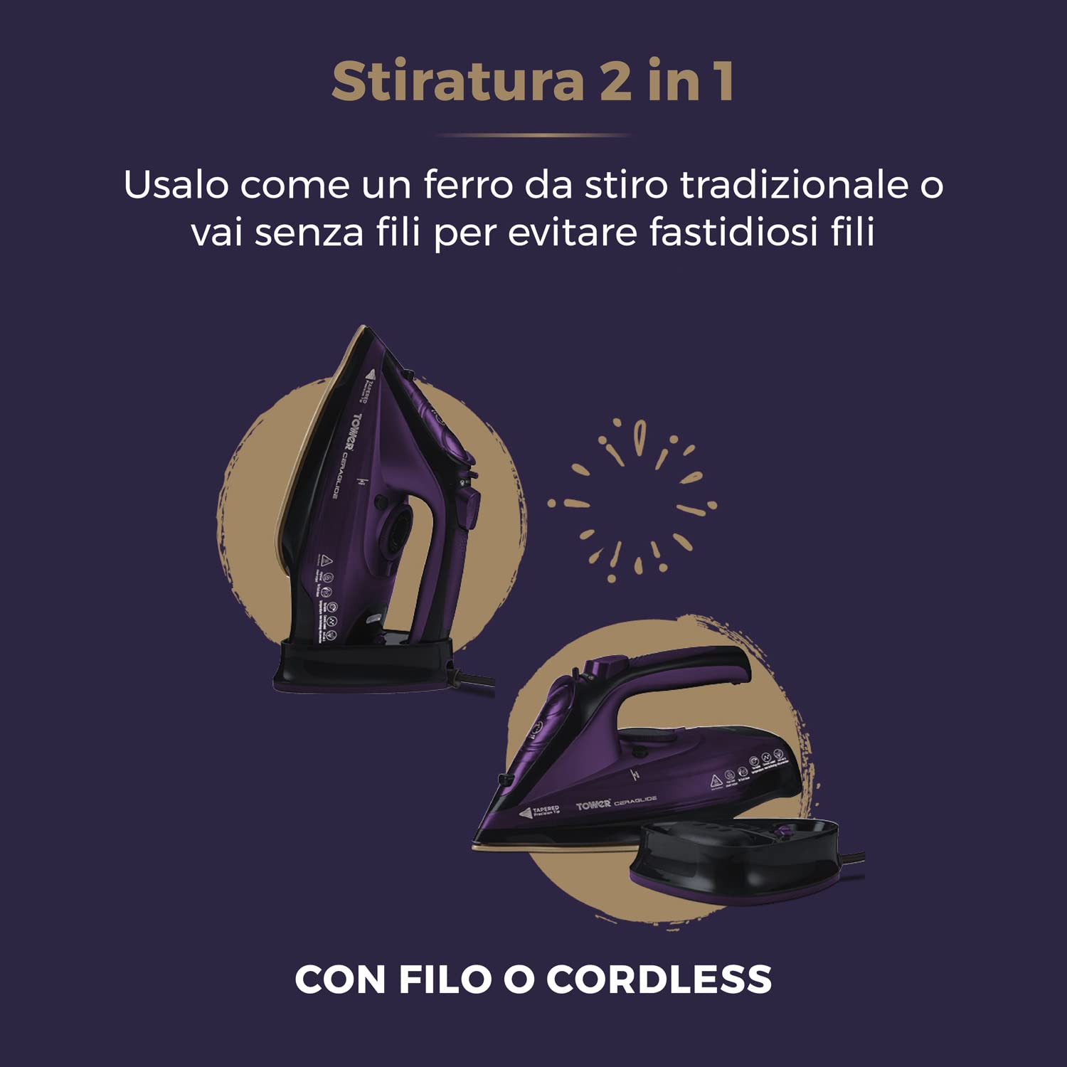 Plancha de Vapor Inalámbrica Tower CeraGlide morada con Suela de Cerámica y Vapor Variable