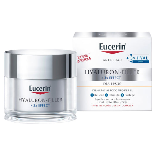 Eucerin Hyaluron-Filler 3X EFFECT Crema Facial de Día Anti Arrugas con Protección Solar FPS 30 50ml con Ácido Hialurónico Anti Edad para todo tipo de piel