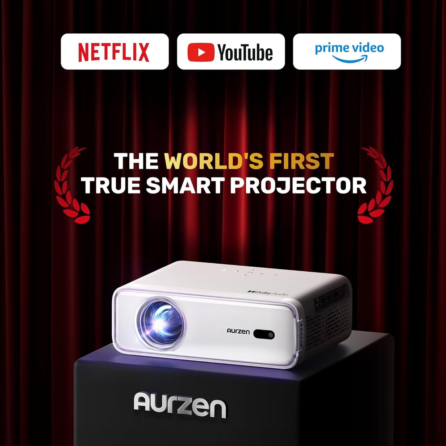 Aurzen EAZZE D1 Proyector Inteligente con WiFi y Bluetooth, aplicación con licencia oficial, enfoque automático/corrección trapezoidal, altavoces Dolby Audio de 16 W, nativo 1080P, HDR10, soporte 4K