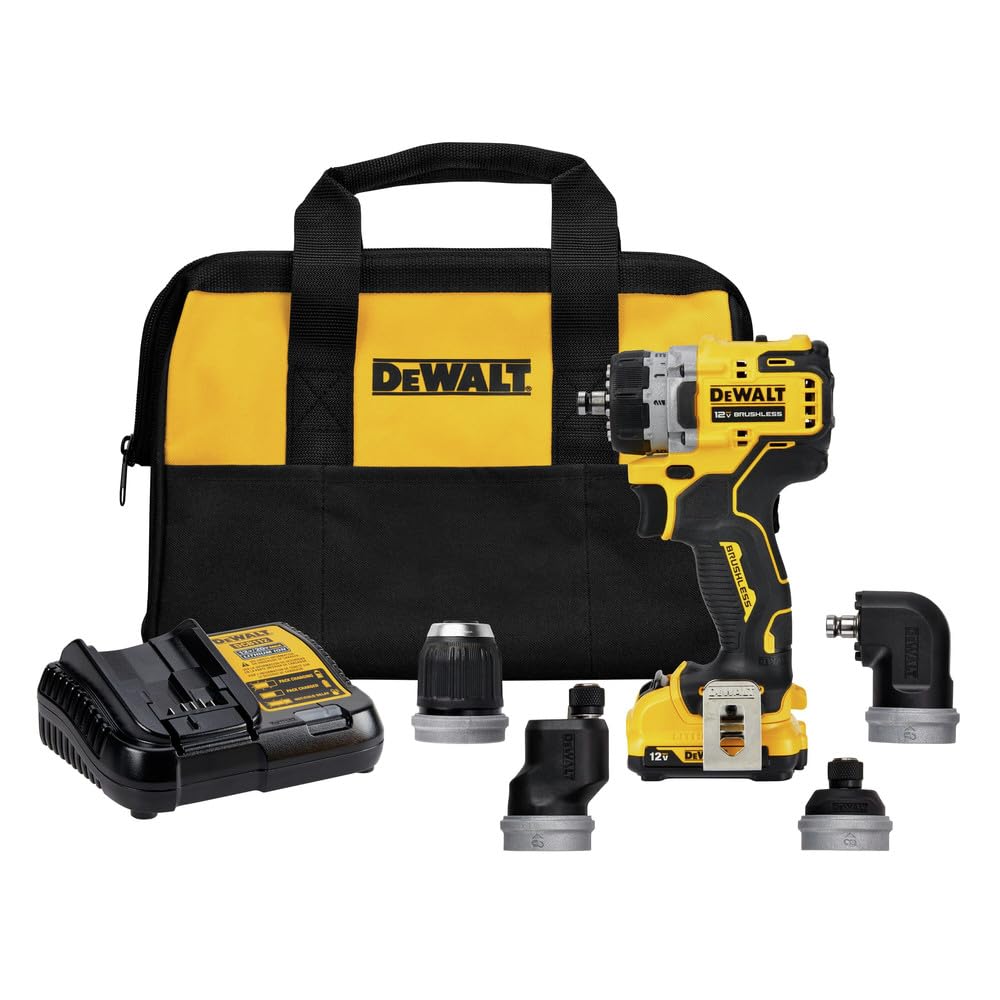 DEWALT 12V MAX* XTREME Kit de taladro/destornillador 5 en 1 sin escobillas, múltiples cabezales de cambio rápido, transmisión de 2 velocidades (DCD703F1)