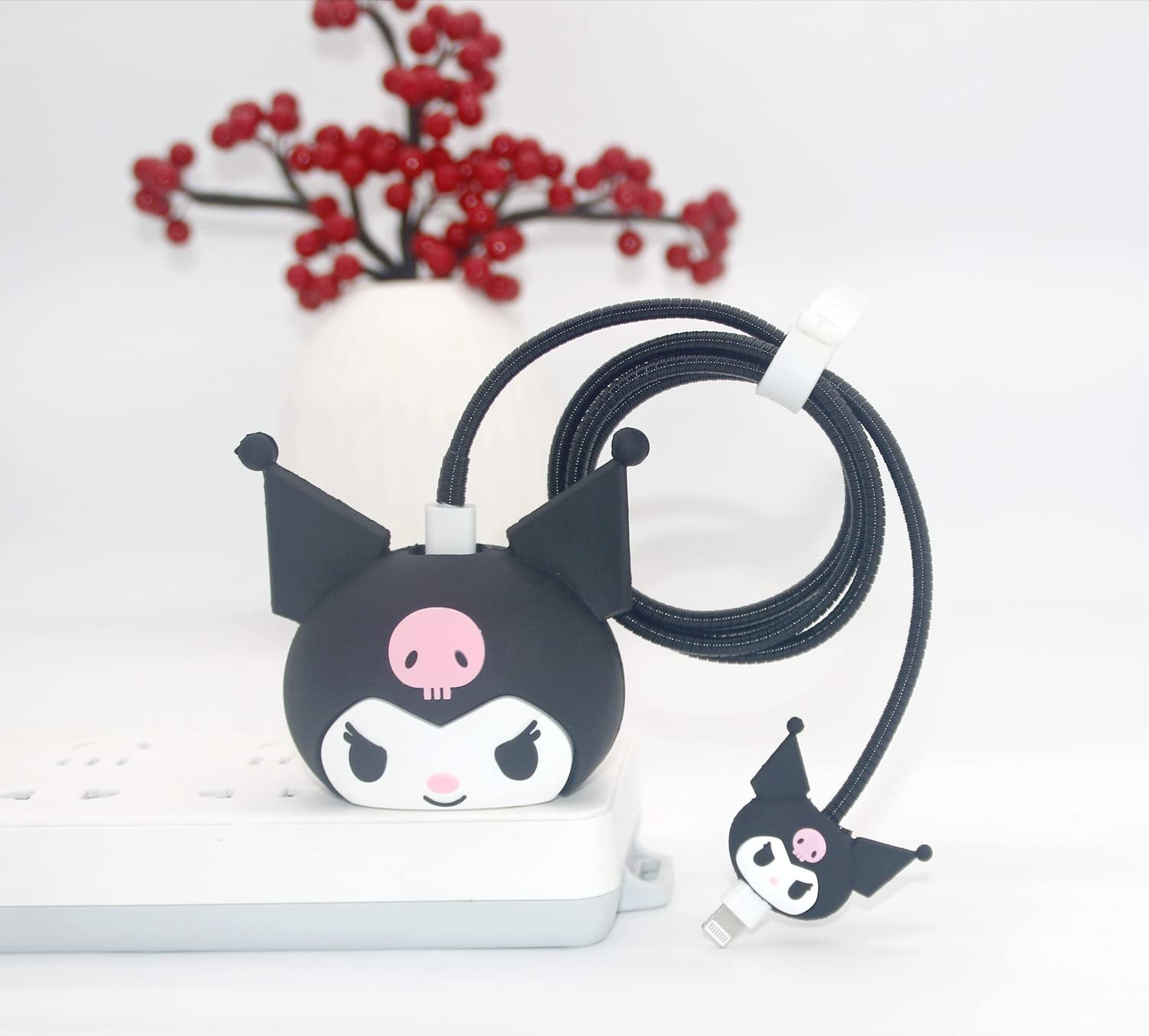 Tospania - Bonita funda protectora 3D para cargador con diseño de caricaturas, compatible con adaptador de corriente USB-C de 20 W de Apple y cable Lightning (Kuro negro)