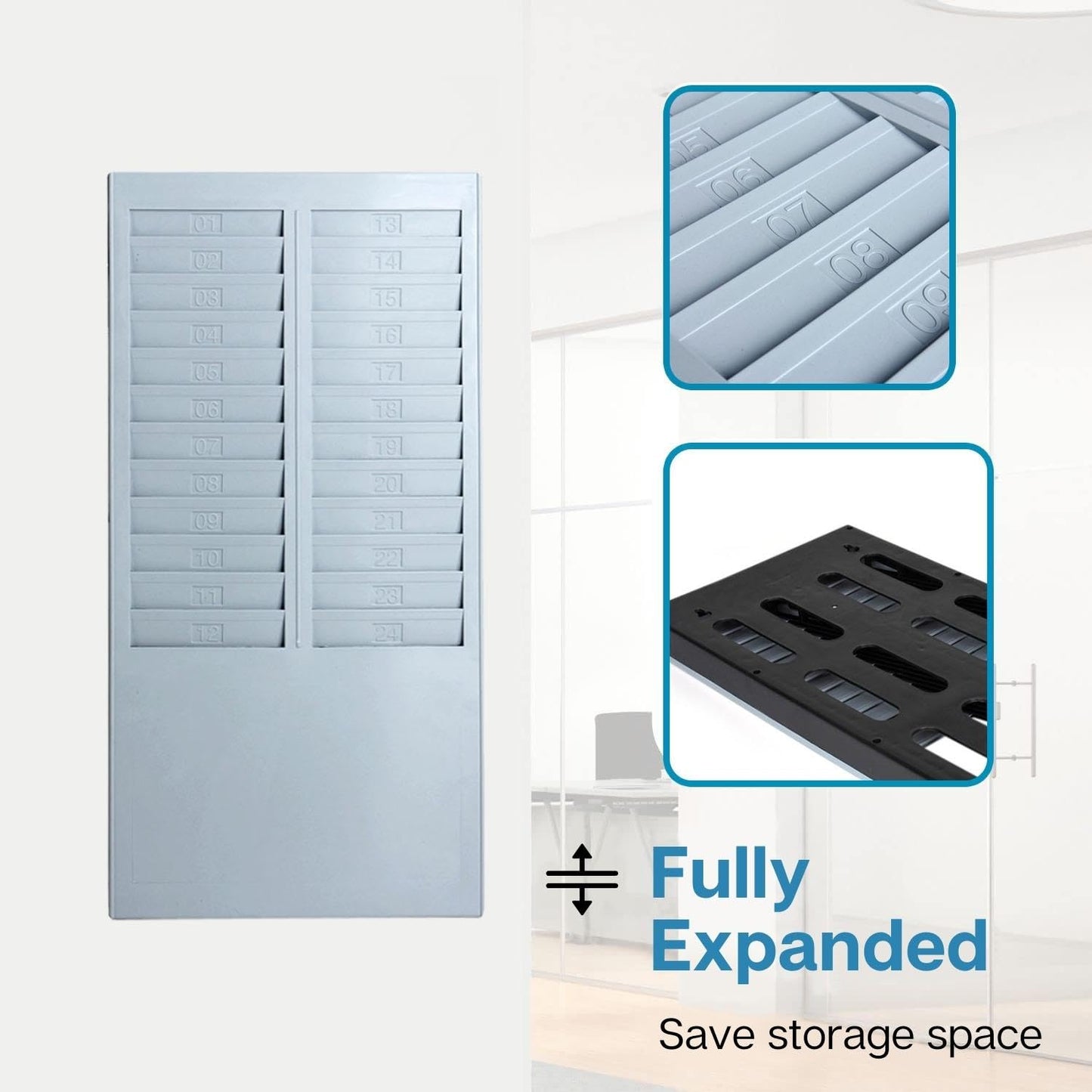 flexzion tiempo Tarjeta Rack soporte de pared compatible con asistencia tiempo Payroll grabadora reloj para oficina de almacenamiento uso interior y exterior en gris, Azul, 24 Pock