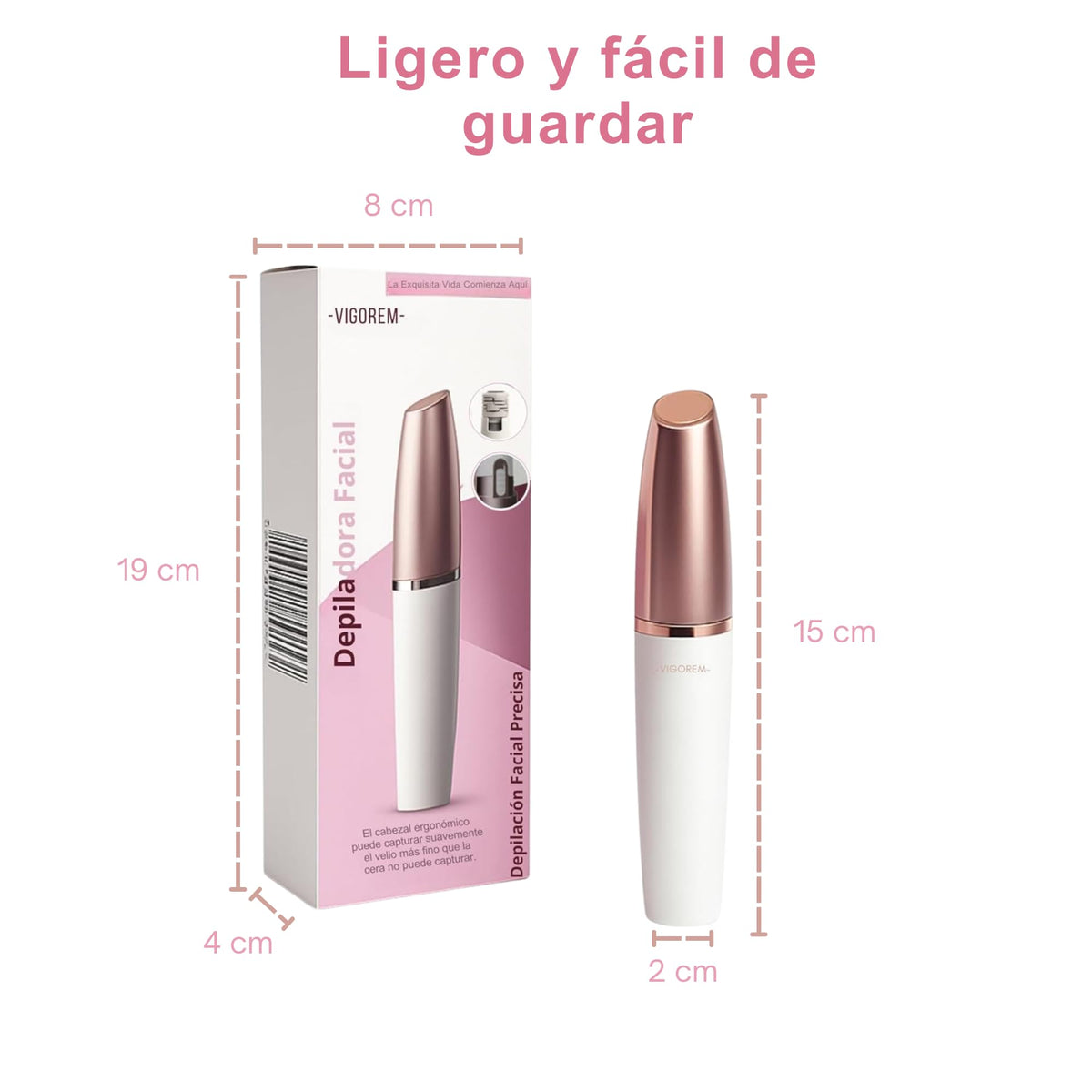VIGOREM Depiladora Facial Mujer con Luz LED y Cabezal Ergonómico – Removedor Indoloro de Vello Recargable USB, Motor 5W – Depiladora Eléctrica para Labio Superior, Barbilla, Mejillas, Piernas y Brazos