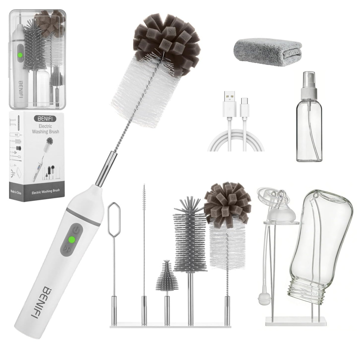 Benifi Electric Bottle Cleaner Pro, cepillo para polvo 11 en 1, estante de secado, cepillo para polvo de botella de esponja, limpiador de botellas de silicona, mezclador de fórmula, cepillo para polvo