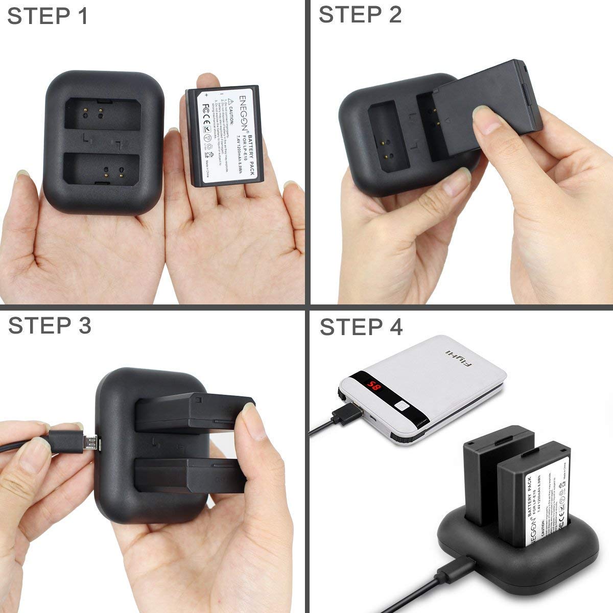 Cargador de Baterías ENEGON Negro USB Dual LED Inteligente para Cámaras Canon EOS Rebel y EOS Serie 1100D-2000D (2 Pack)